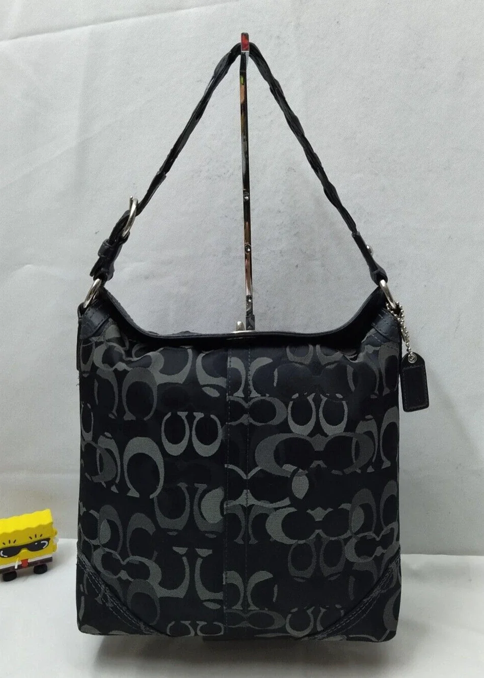 Coach Chelsea Signature Black Canvas Leather Trim Woven Strap Shoulder Bag